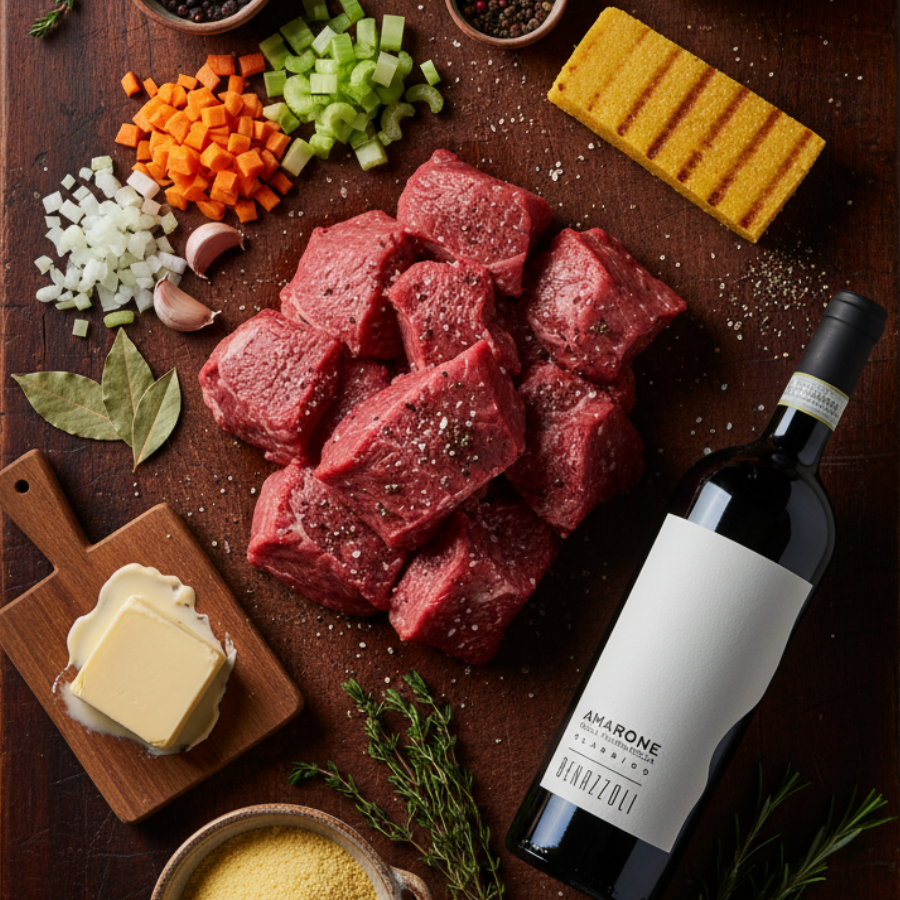 Suroviny pro Brasato all'Amarone (dušené hovězí na Amarone)